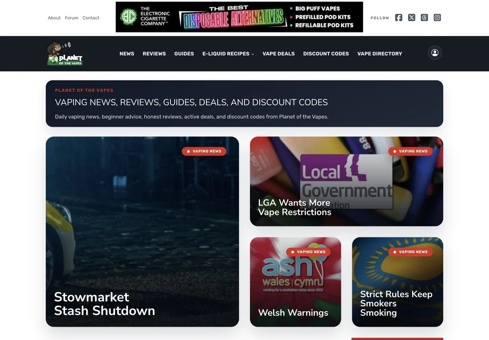 Planet of the Vapes public website, captured 15 October 2026